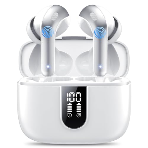 Auriculares Inalámbricos Bluetooth, Auriculares Bluetooth 5.3 con 4 HD Mic HiFi Estéreo, Reducción de Ruido Auriculares,14.2 mm Controlador dinámico, IP7 Impermeable 50H Cascos Inalambricos Blanco