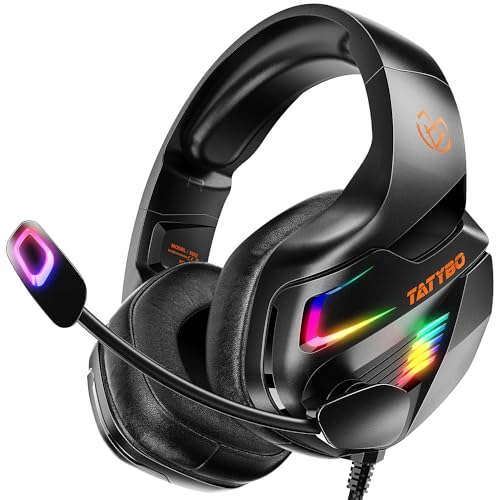 Cascos Gaming con Micrófono, Cascos con Nivel de Sonido Envolvente Rico, Orejeras Grandes y 4 Modo Luz RGB, Auriculares Gaming para Ps4 Ps5 PC Xboxone Switch