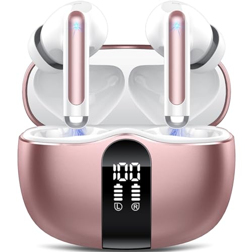 Tukio Auriculares Inalámbricos Bluetooth,2024 Auriculares Bluetooth 5.3 con 4 HD Mic, Sonido Envolvente, 40Horas Cascos Inalámbricos con Reducción de Ruido, Pantalla LED, IP7 Impermeable, Oro Rosa