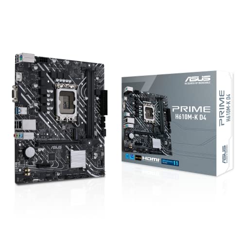 ASUS Prime H610M-K D4 - Placa Base mATX Intel H610 LGA 1700 (RAM DDR4, PCIe 4.0, Ranura M.2, Realtek 1 GB Ethernet, HDMI, D-Sub, Puertos USB 3.2 Gen. 1, SATA 6 Gbps, Conectores COM y RGB), Black