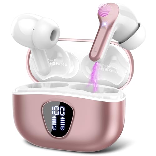 Auriculares Inalámbricos Bluetooth, Auriculares Bluetooth 5.3 con Controlador de 14,2 mm, Sonido Envolvente, 40Horas Cascos Inalámbricos con Reducción de Ruido, Pantalla LED, IP7 Impermeable,Oro rosa