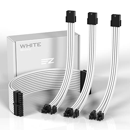EZDIY-FAB Módulo de Cable con Funda de extensión de PSU Personalizado GPU PC Fuente de alimentación Nylon Suave Trenzado con Kit de Peine 24PIN/8PIN to 6+2Pin/ 8PIN to 4+4PIN-300MM - Blanco