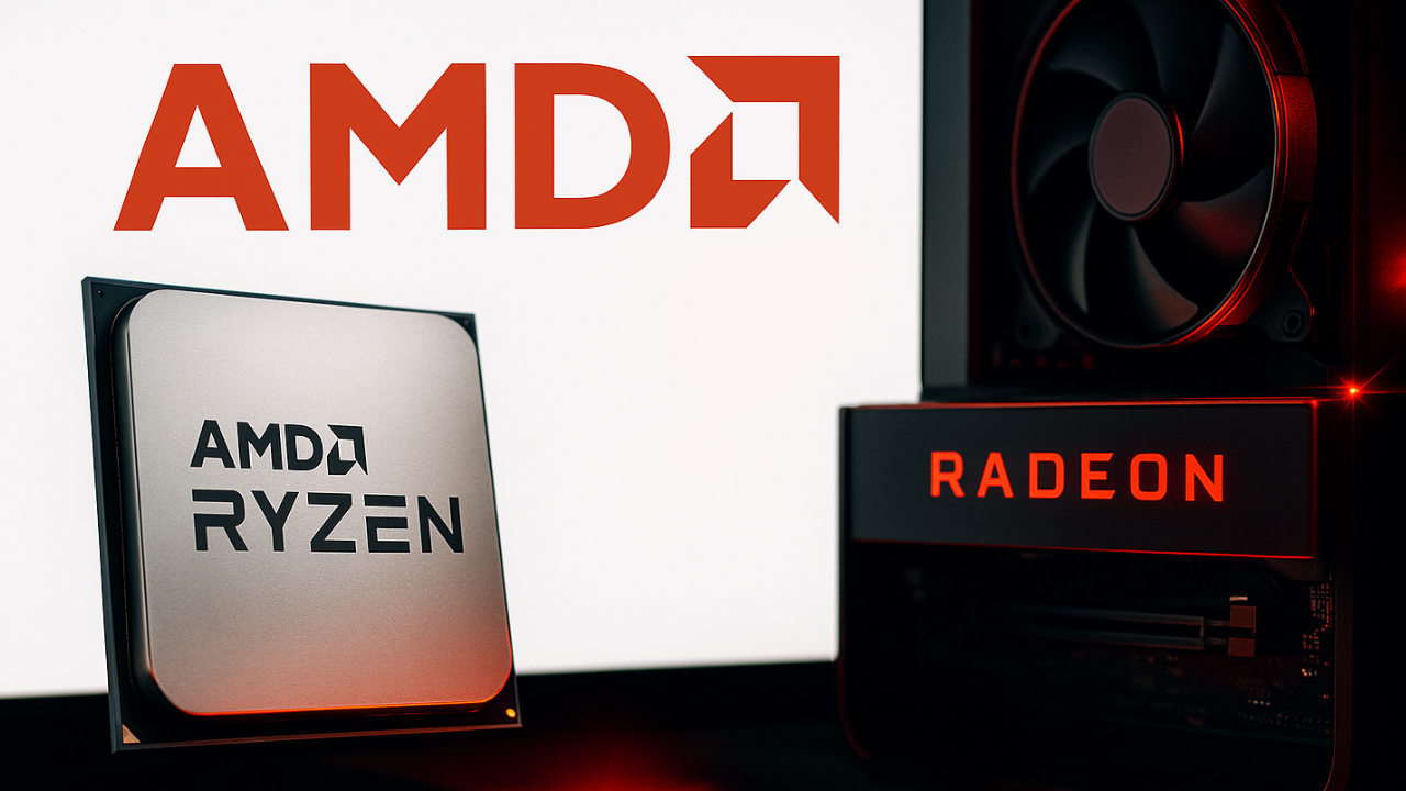 Procesador AMD Ryzen y GPU Radeon en un setup gaming con luces rojas, sobre fondo blanco que contrasta con el estilo de la web.