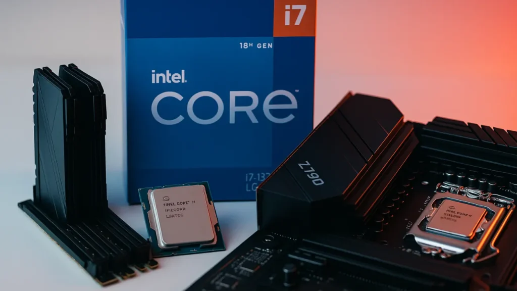 Imagen realista y cinematográfica de un combo Intel Z790 con procesador i7-13700KF y módulos de memoria DDR5 de marcas reconocidas, en fondo blanco con luces cálidas.