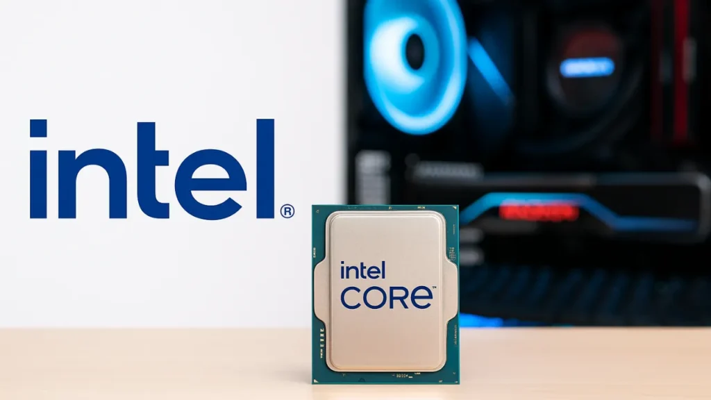 Procesador Intel y setup gaming con luces azules, sobre fondo blanco para contrastar con el estilo de la web.