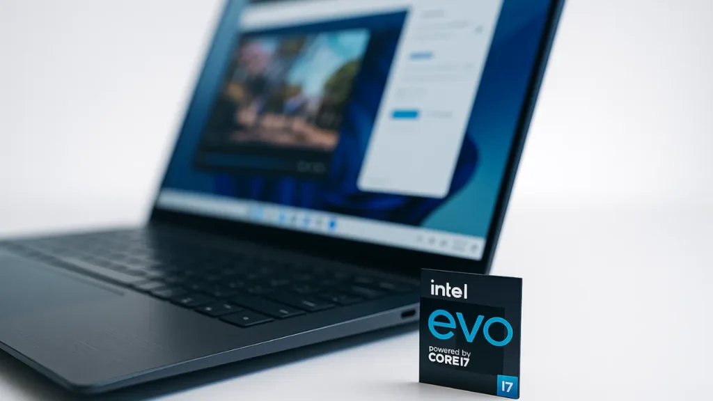 Imagen realista y cinematográfica de un portátil Intel Evo ultradelgado con pantalla encendida, fondo blanco y luces azules. Ideal para profesionales y creadores de contenido.