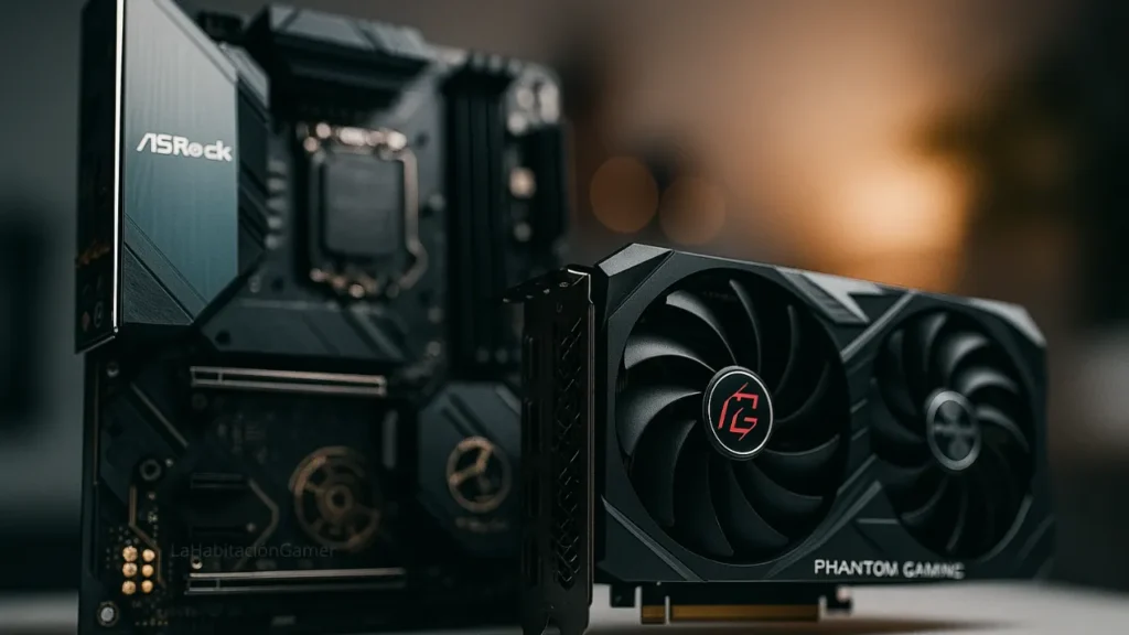 Imagen realista y cinematográfica de placa base y tarjeta gráfica ASRock con fondo blanco y luces dramáticas. Ideal para entusiastas de PC y hardware.