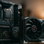 Imagen realista y cinematográfica de placa base y tarjeta gráfica ASRock con fondo blanco y luces dramáticas. Ideal para entusiastas de PC y hardware.