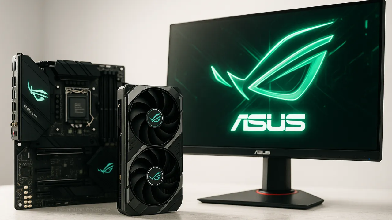 Imagen cinematográfica de un setup gaming ASUS con placa base, tarjeta gráfica y monitor ROG, en fondo blanco y luces verdes, ideal para gamers y entusiastas del hardware.