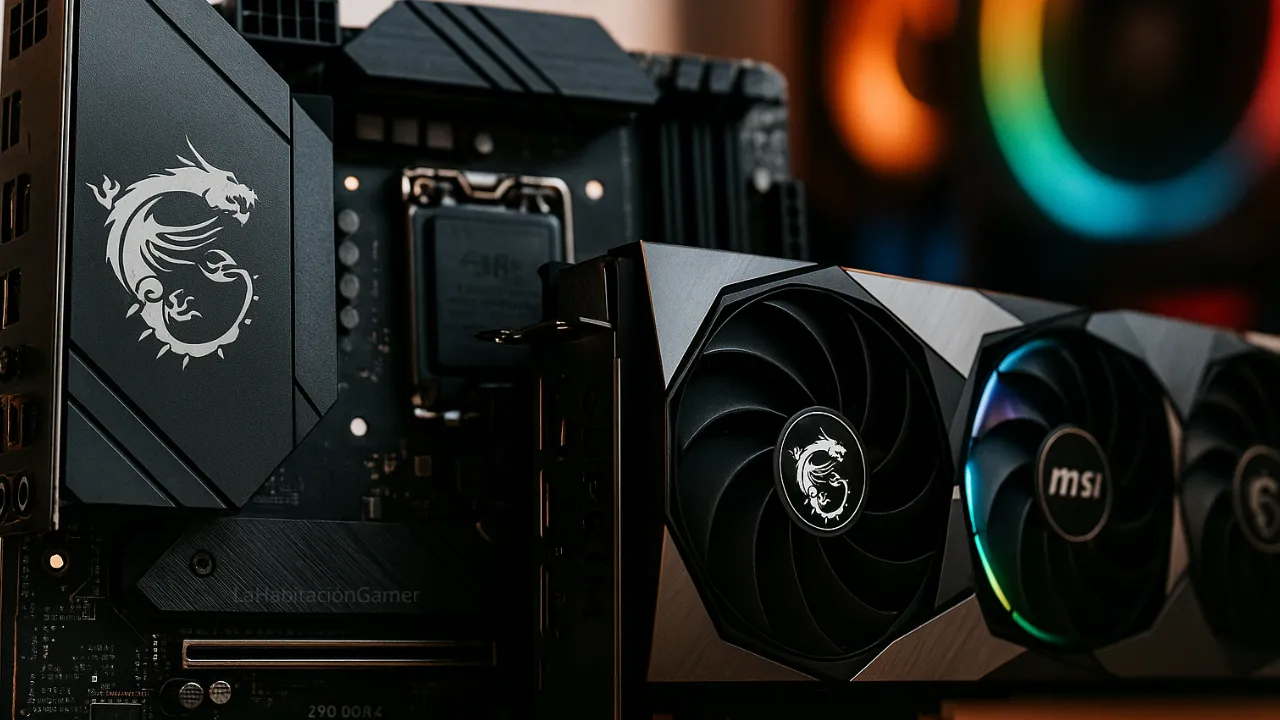 Imagen realista y cinematográfica de placa base y tarjeta gráfica MSI con fondo blanco, luces dramáticas y logo visible. Ideal para entusiastas del hardware y gaming.