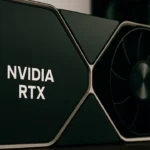 Imagen realista y cinematográfica de una tarjeta gráfica NVIDIA RTX de última generación, con fondo blanco y luces verdes. Ideal para gamers y entusiastas del hardware.
