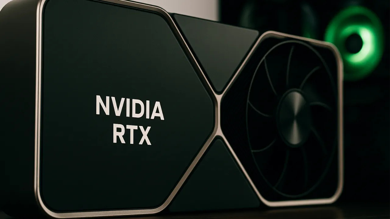 Imagen realista y cinematográfica de una tarjeta gráfica NVIDIA RTX de última generación, con fondo blanco y luces verdes. Ideal para gamers y entusiastas del hardware.